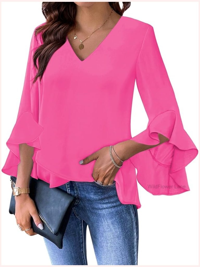 V Neck Ruffle 3/4 Sleeve Blouse Tunic Flowy Business Casual Top
